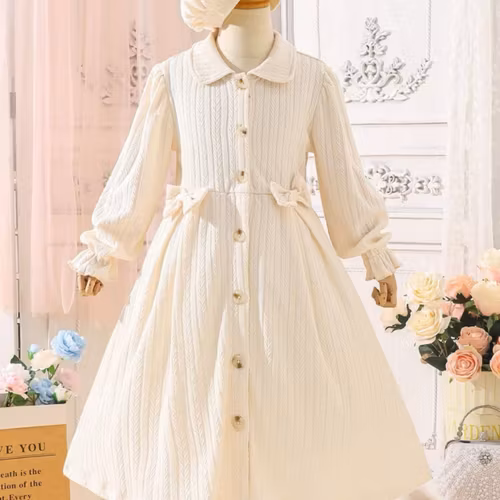 Tween Girl 1pc Bow Front Flare Sleeve Shirt Dress 9Y 128-134