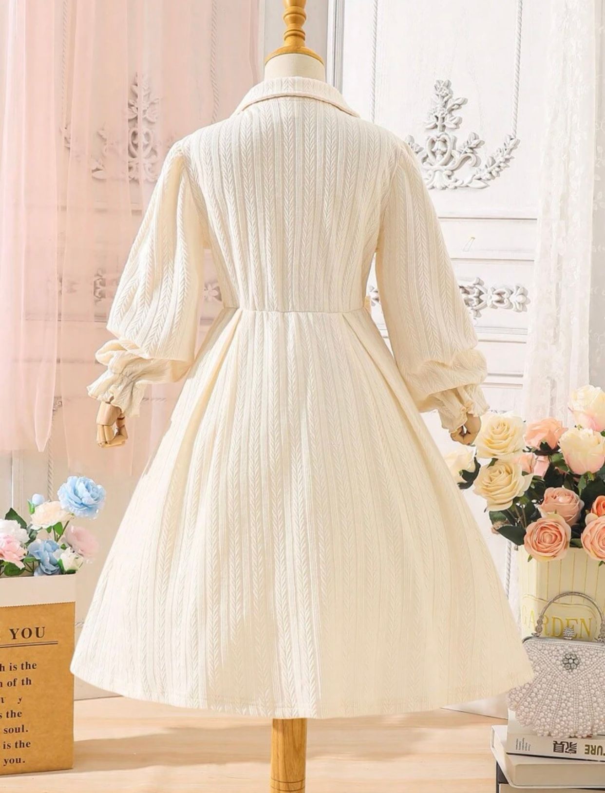 Tween Girl 1pc Bow Front Flare Sleeve Shirt Dress 9Y 128-134