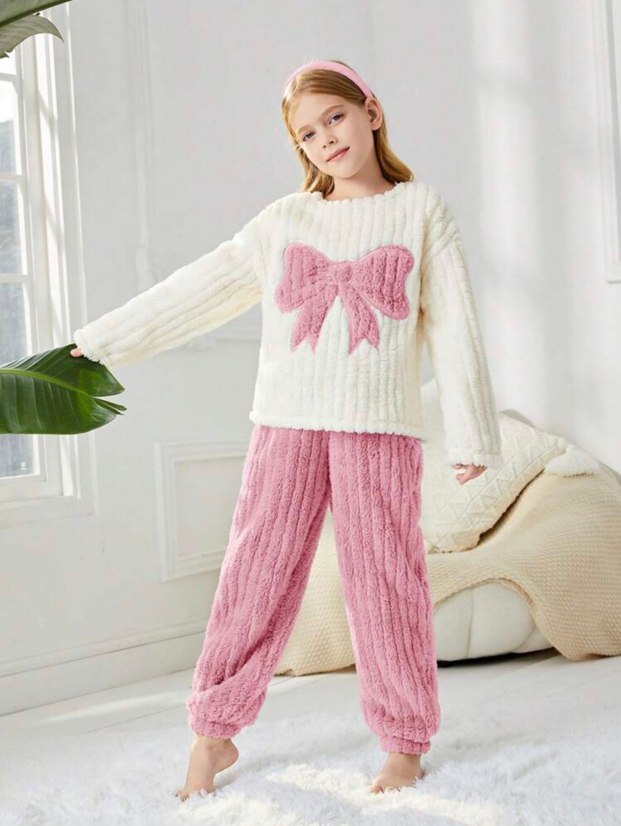 Tween Girl Bow Pattern Flannel Top & Pants PJ Set 10Y 134-140