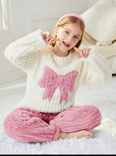 Tween Girl Bow Pattern Flannel Top & Pants PJ Set 10Y 134-140