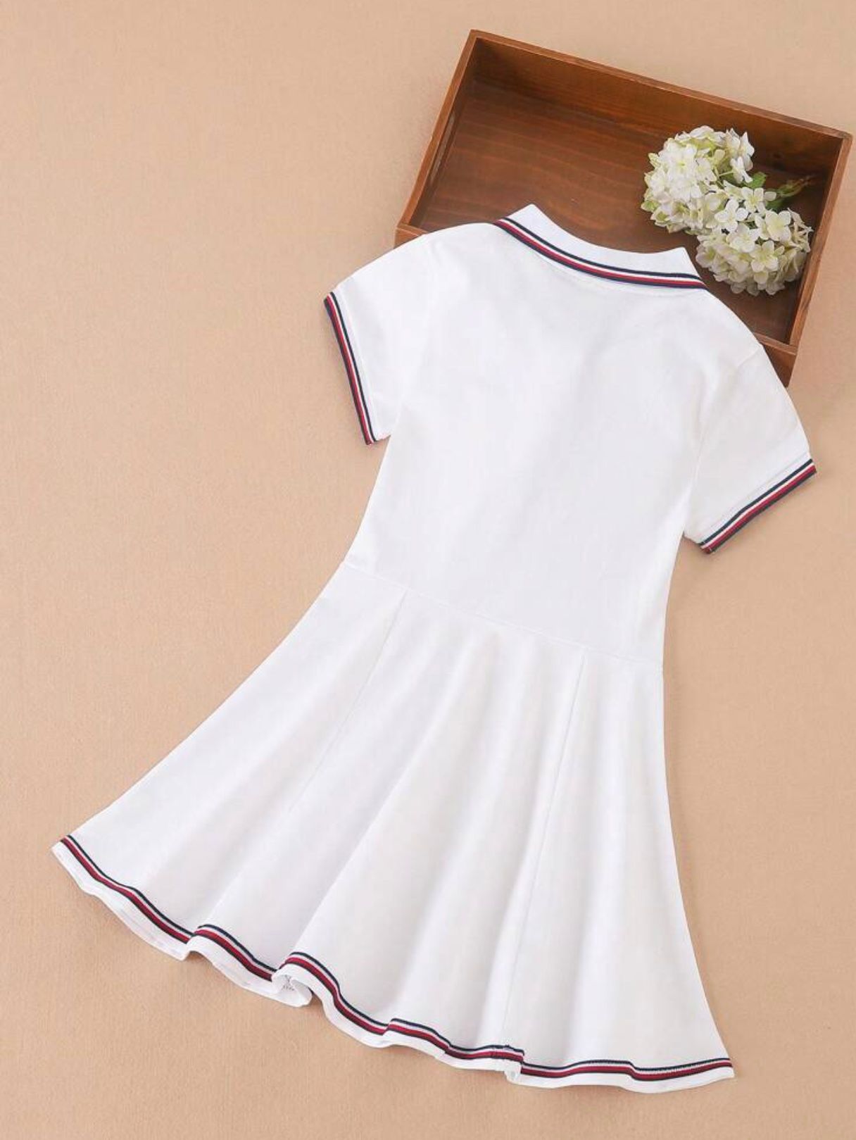 Girls Letter Embroidery Striped Trim Polo Neck Pleated Hem Dress (Size 9Y 128-134)