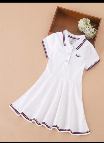 Girls Letter Embroidery Striped Trim Polo Neck Pleated Hem Dress (Size 9Y 128-134)