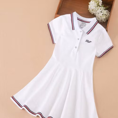 Girls Letter Embroidery Striped Trim Polo Neck Pleated Hem Dress (Size 9Y 128-134)