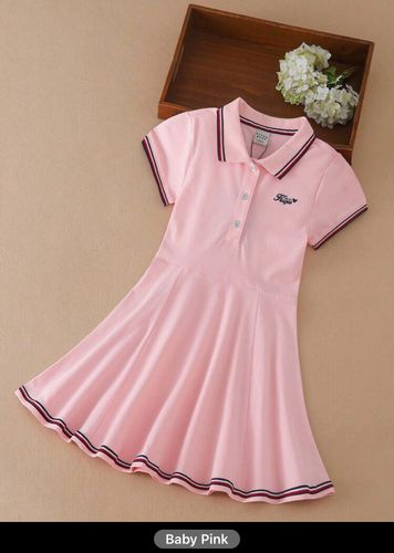 Girls Letter Embroidery Striped Trim Polo Neck Dress (Size 6Y 110-116)