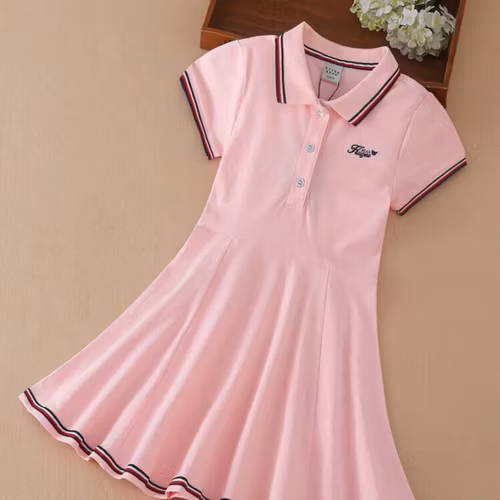 Girls Letter Embroidery Striped Trim Polo Neck Dress (Size 6Y 110-116)
