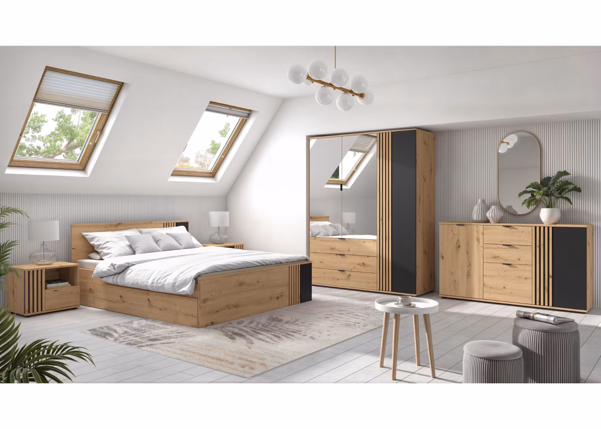 Vabres garderob – Artisan Oak med spegeldörrar och lådor