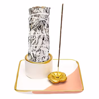 Rosa/vit med blomma, Rökelsehållare för smudge & pinnar