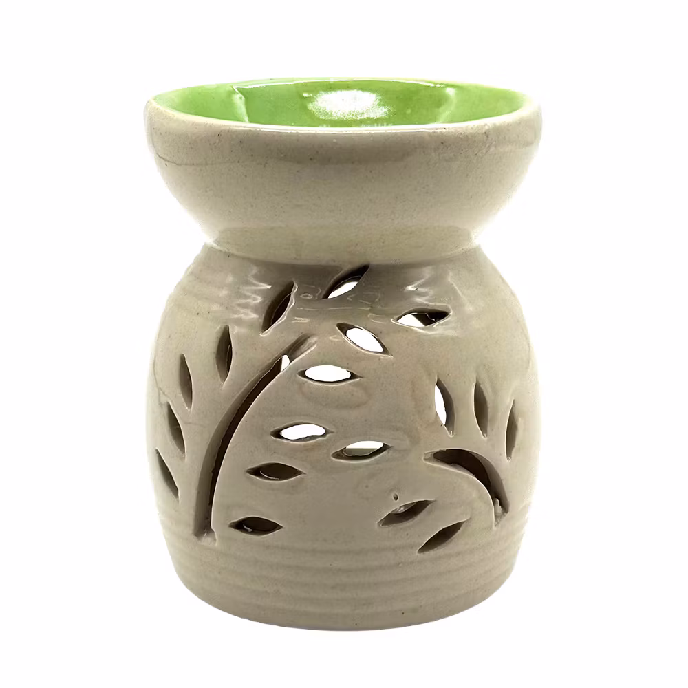 Utskurna mönster, Grön / Beige, Aromalampa - Ojämn i glasyr