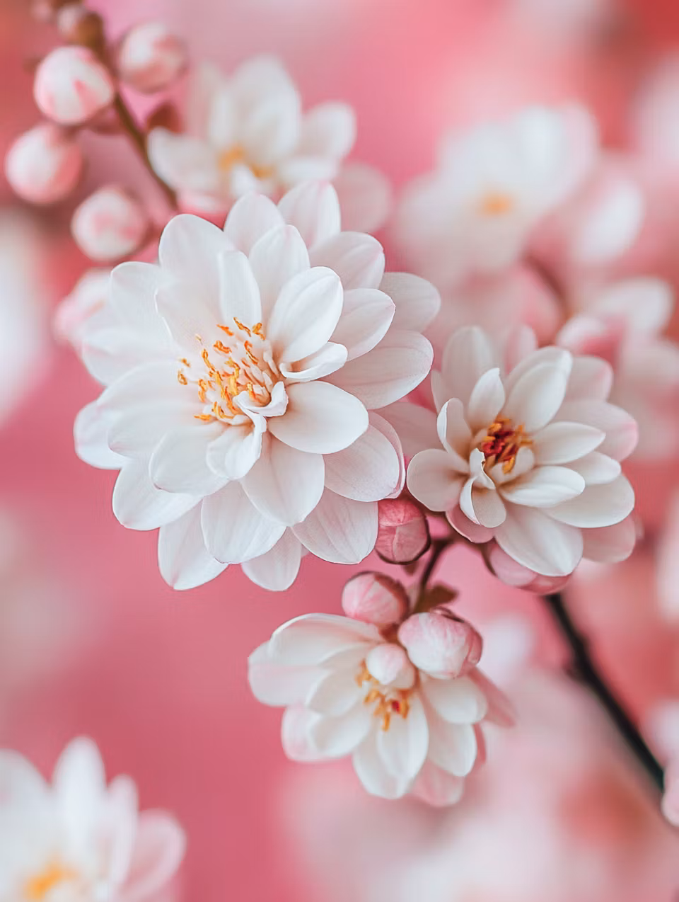 korsstygn, vita blommot på gren mot rosa bakgrund