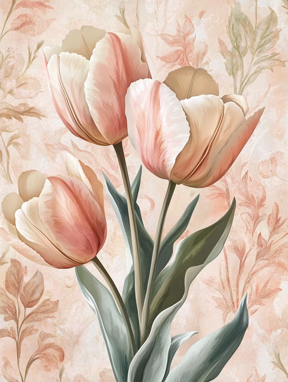 tre tulpaner mot en vit och rosa bakgrund