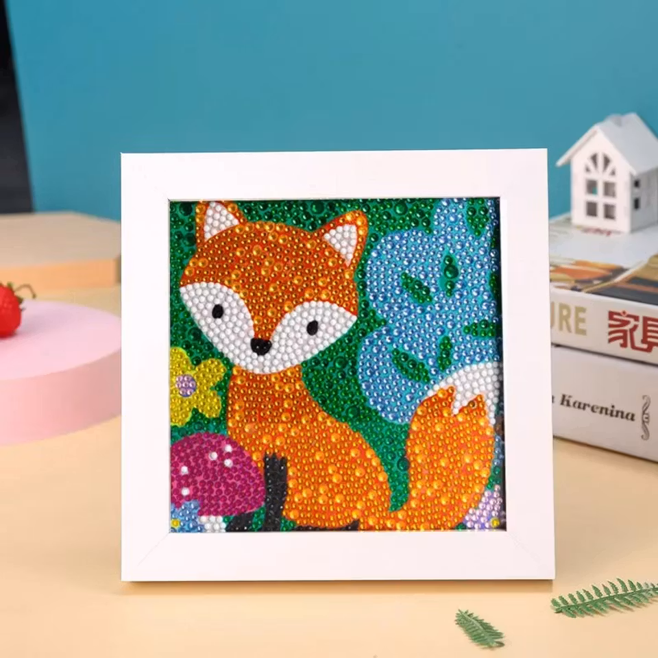 Barntavla, diamond painting, röd räv, medföljande träram