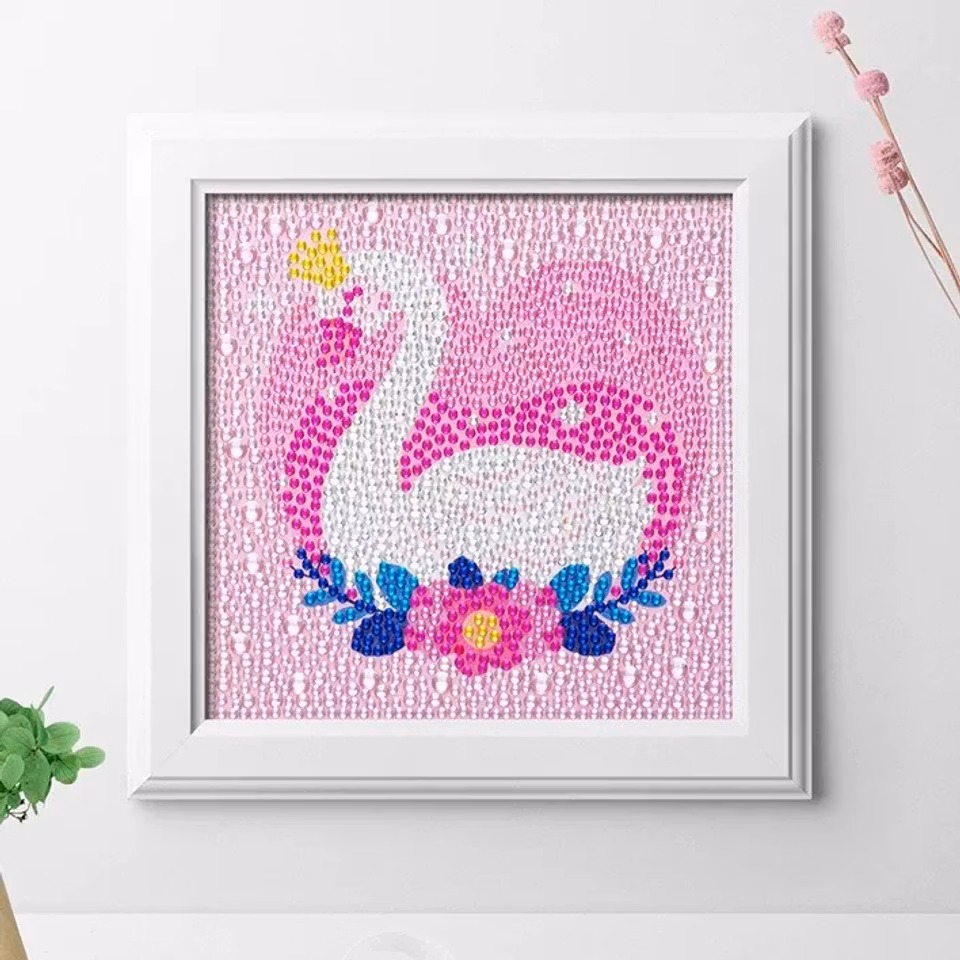 Barntavla, diamond painting, svan, medföljande träram