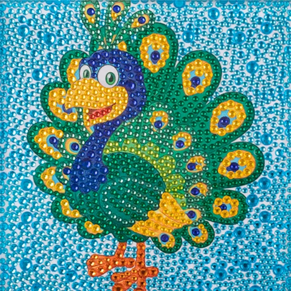 Barntavla, diamond painting, påfågel, medföljande träram