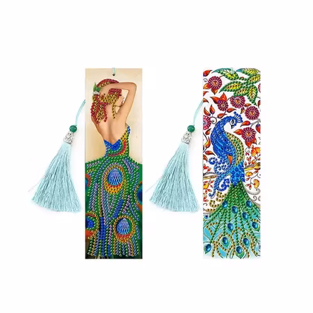 2-pack Diamond Painting Bokmärken - kvinna och påfågel