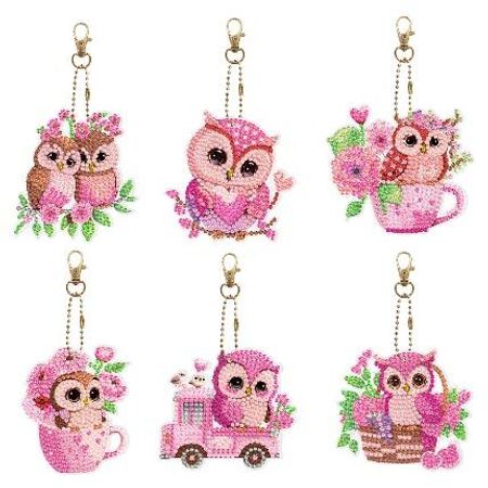 6-pack Diamond Painting Nyckelringar - Rosa ugglor