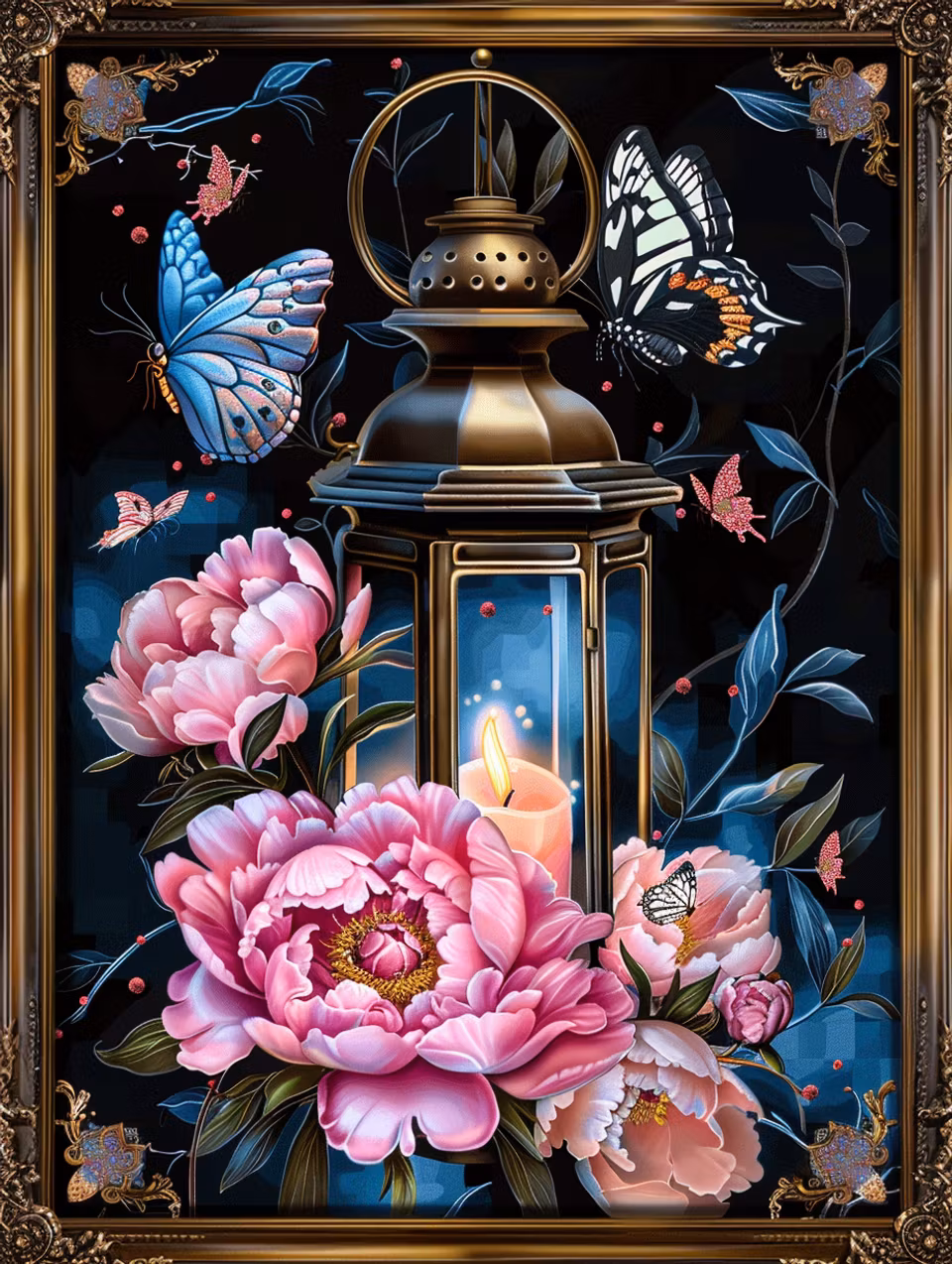 diamond painting, lykta med blommor och fjärilar