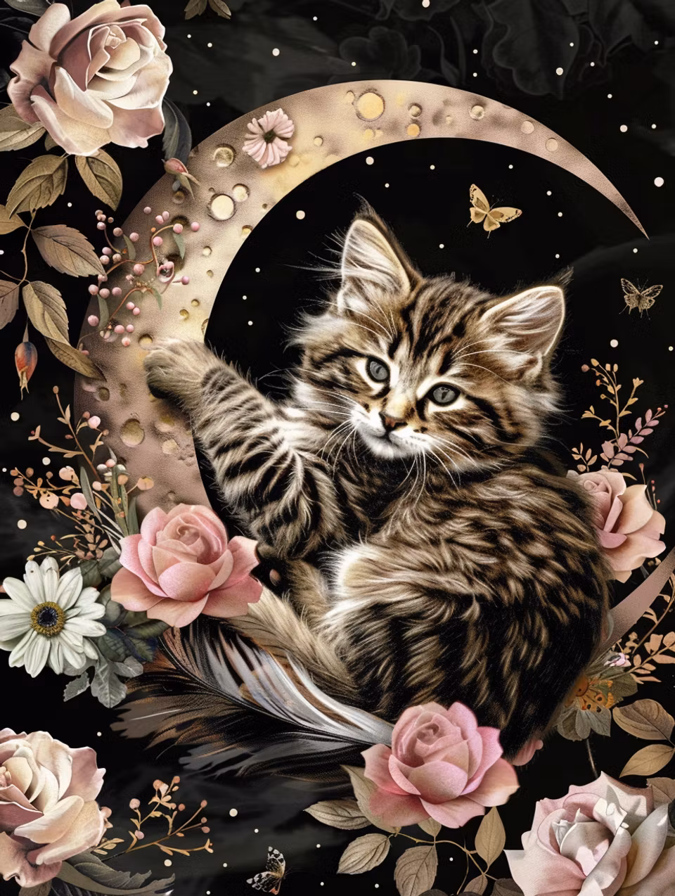 diamond painting, katt på måne, blommor