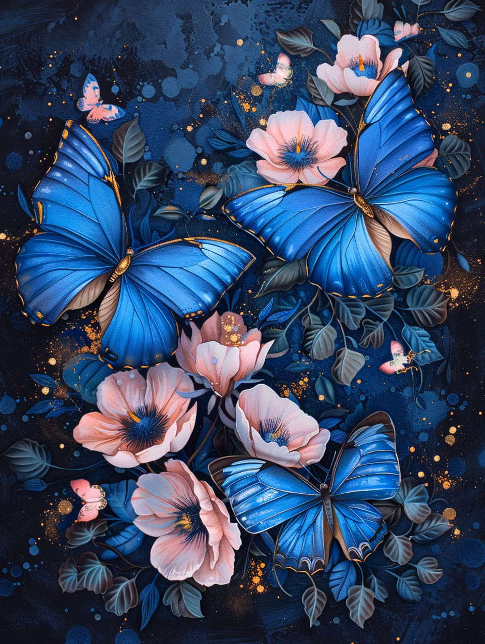 diamond painting, blå fjärilar bland rosa blommor