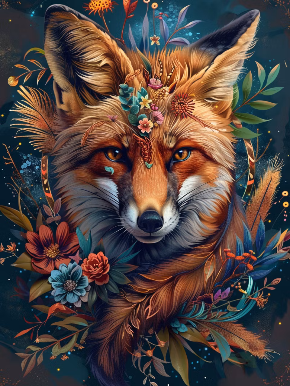 diamond painting, räv med blommor och blad