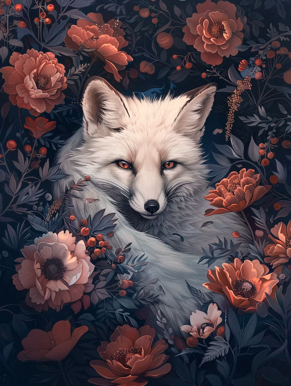 diamond painting, vit räv bland blommor