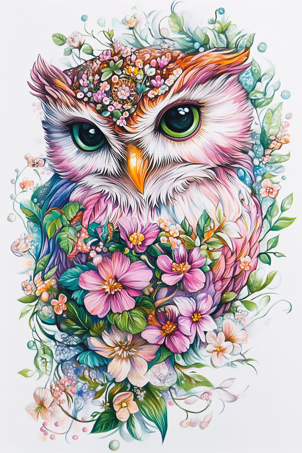 diamond painting, uggla med blommor