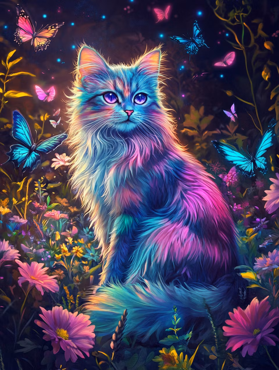 diamond painting, katt och fjärilar i neon