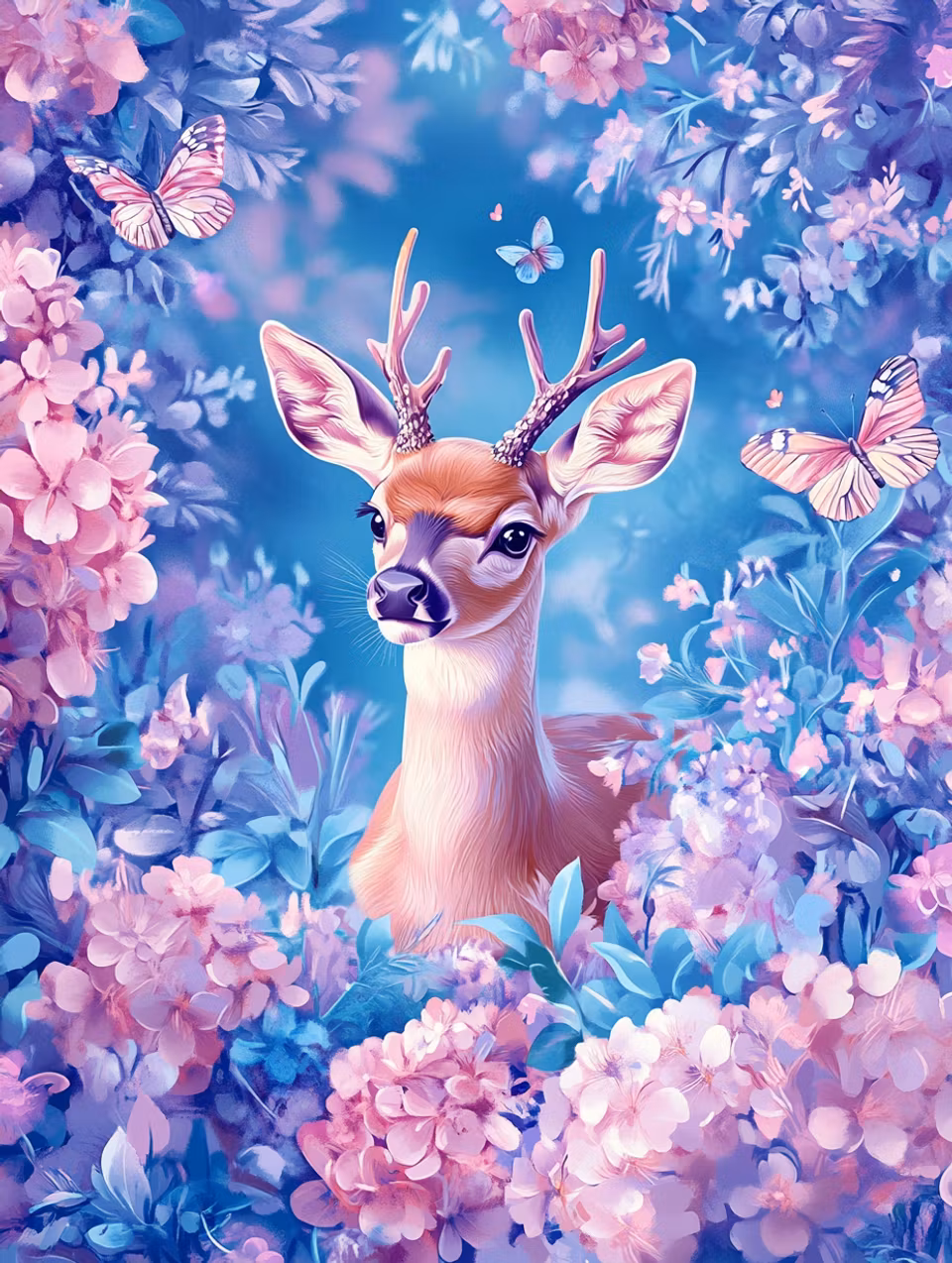 diamond painting, rådjur, blommor och fjärilar