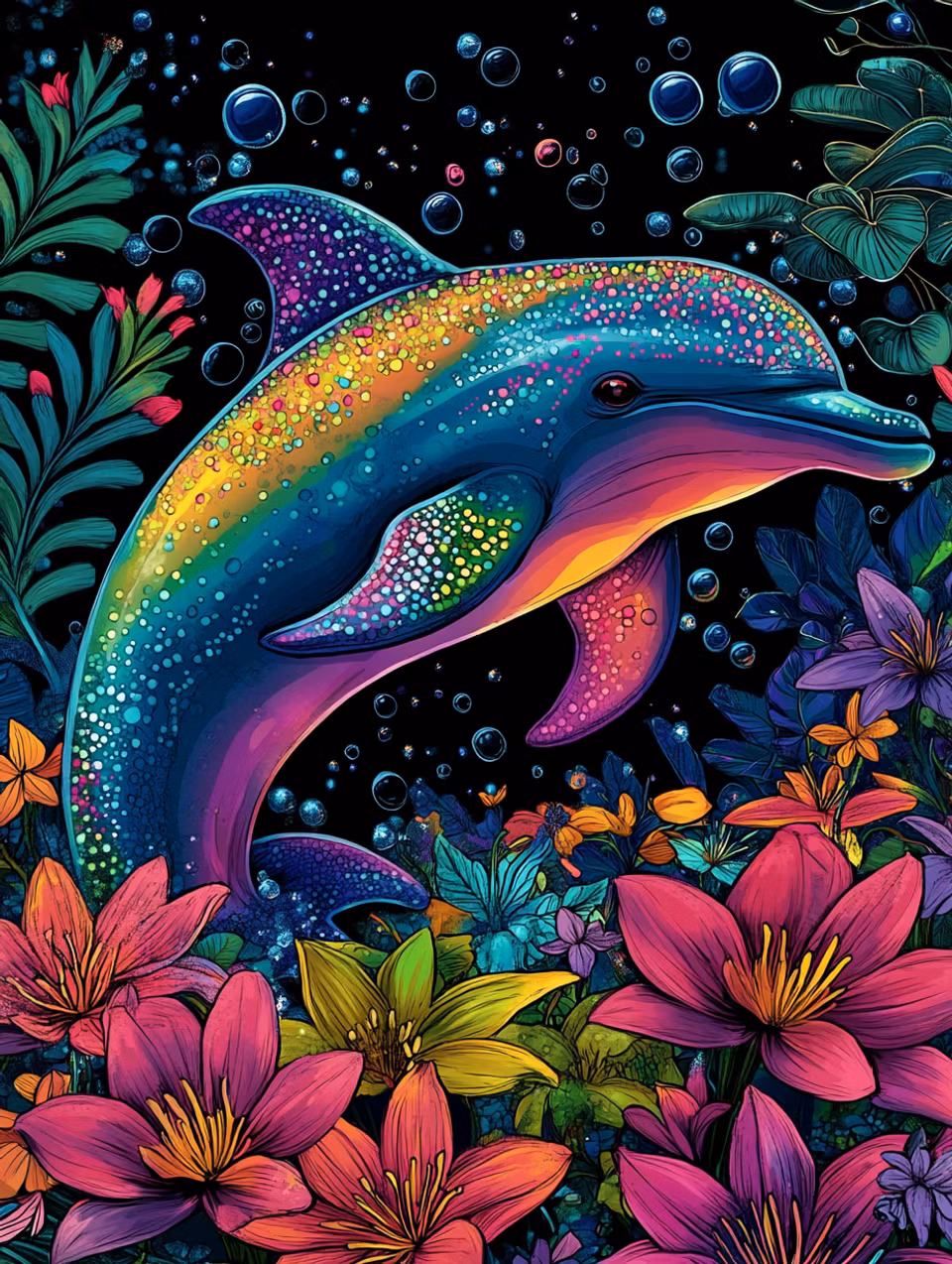 diamond painting, delfin bland blommor
