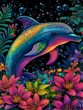 Diamond Painting Akryl - Delfin bland blommor 20x30cm
