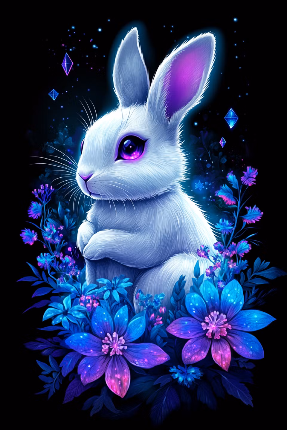 diamond painting, kanin och blommor i neon