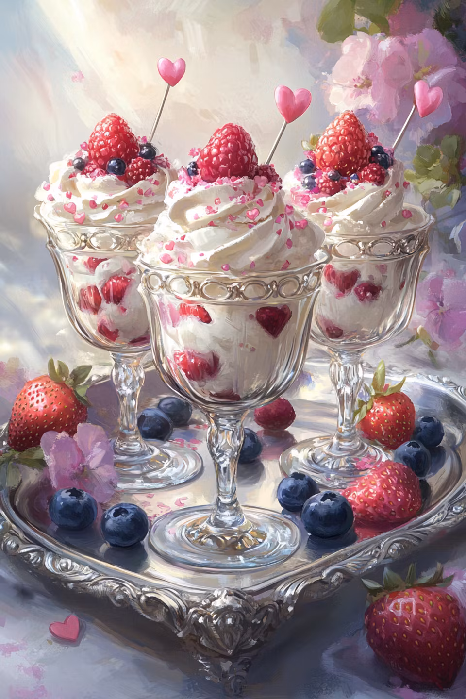 diamond painting, glassdessert med hallon och blåbär