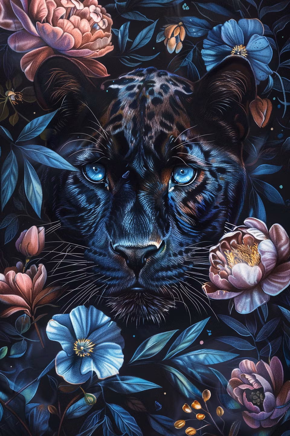 diamond painting, svart leopard bland blommor