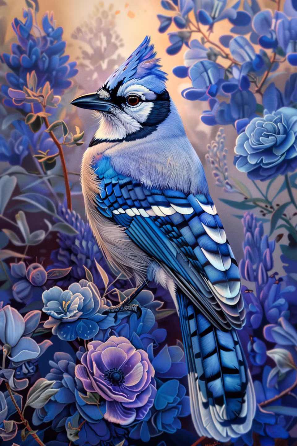 diamond painting, fågel bland blommor