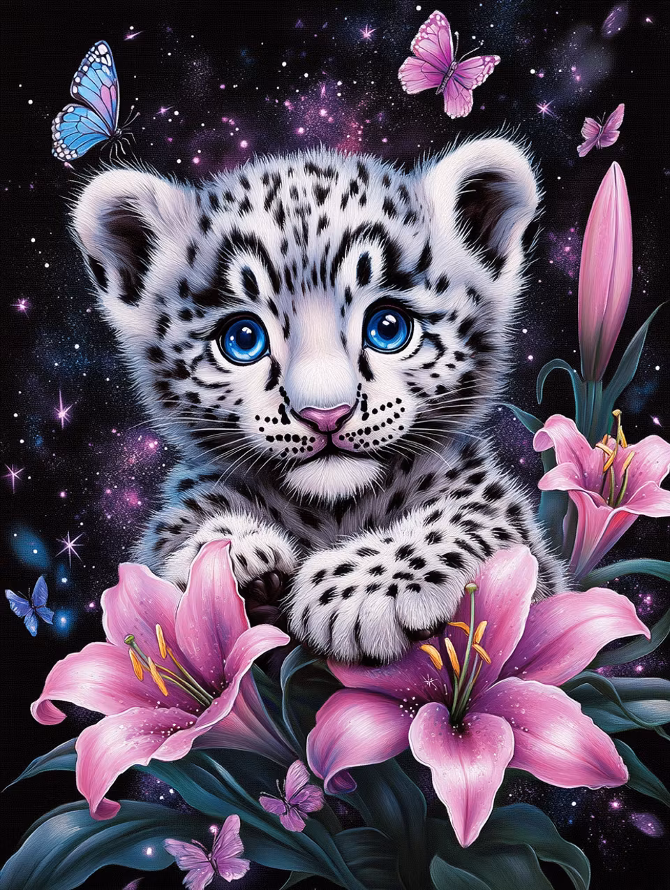 diamond painting, vit snöleopardsunge bland rosa liljor