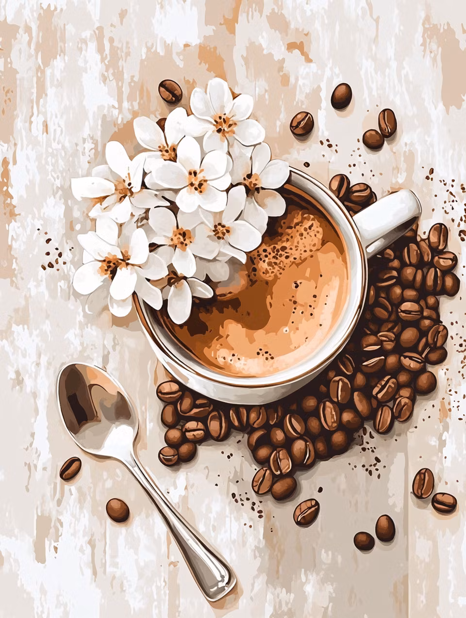 diamond painting, kaffekopp med kaffebönor, vita blommor