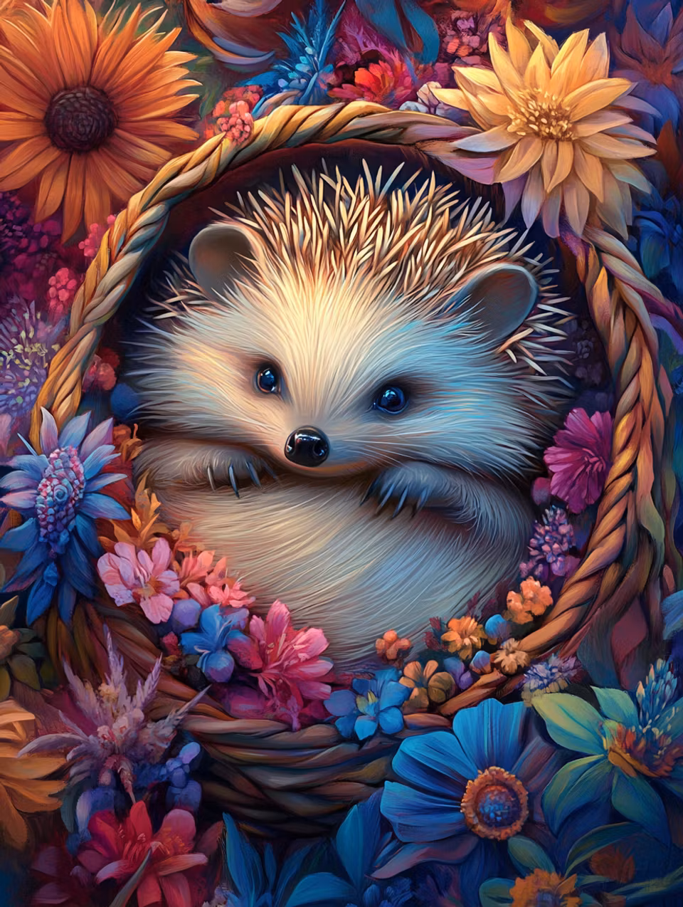 diamond painting, igelkott i korg, blommor i olika färger
