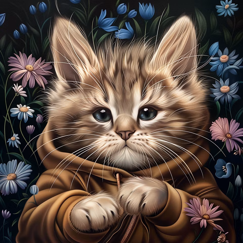 diamond painting, katt med tröja, blommor