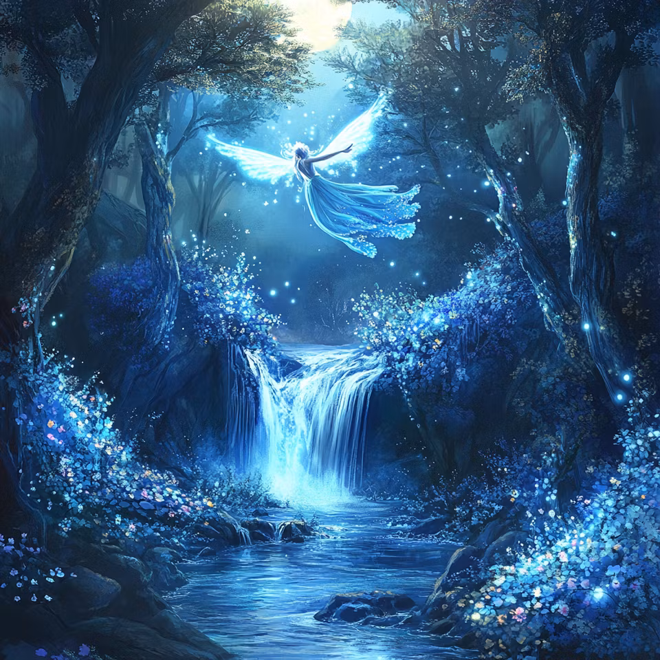 diamond painting, ängel vid bäcken, skog, vattenfall