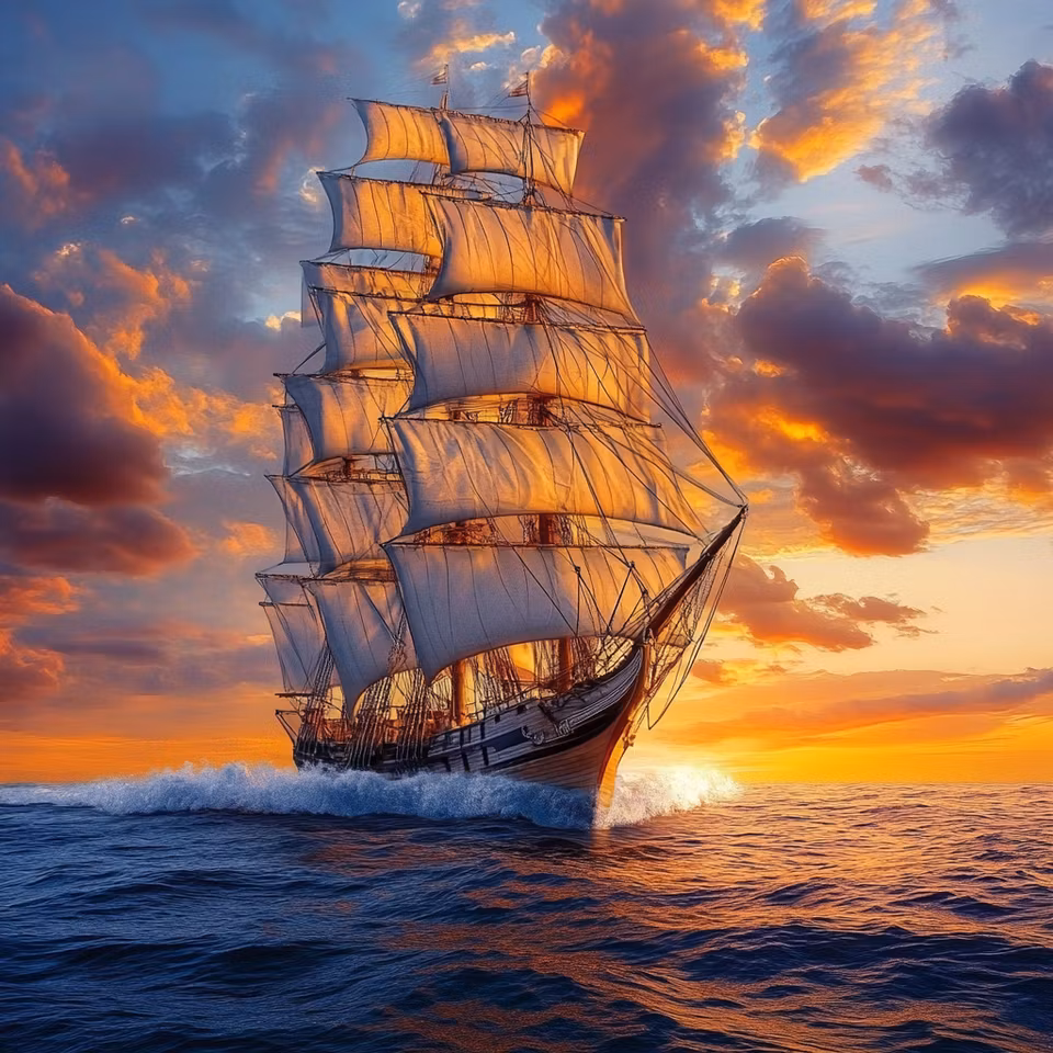 diamond painting, skepp på havet, soluppgång