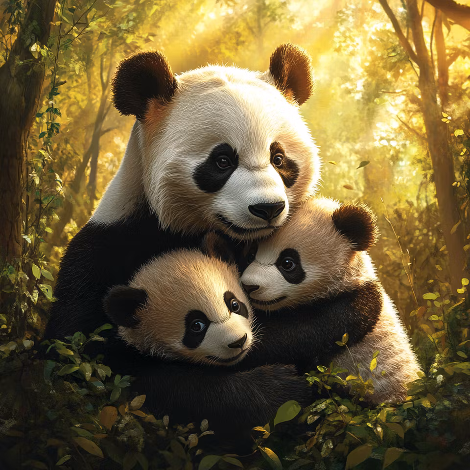 diamond painting, pandafamilj som sitter i skogen och omfamnar varandra