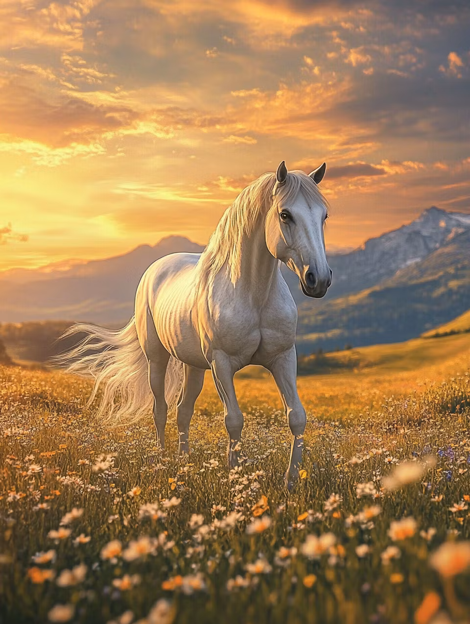 diamond painting, vit häst på blommig äng