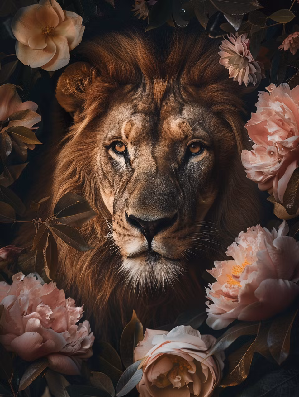 diamond painting, lejon, rosa blommor