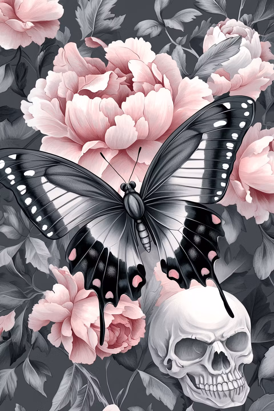 diamond painting, fjäril och döskalle bland blommor