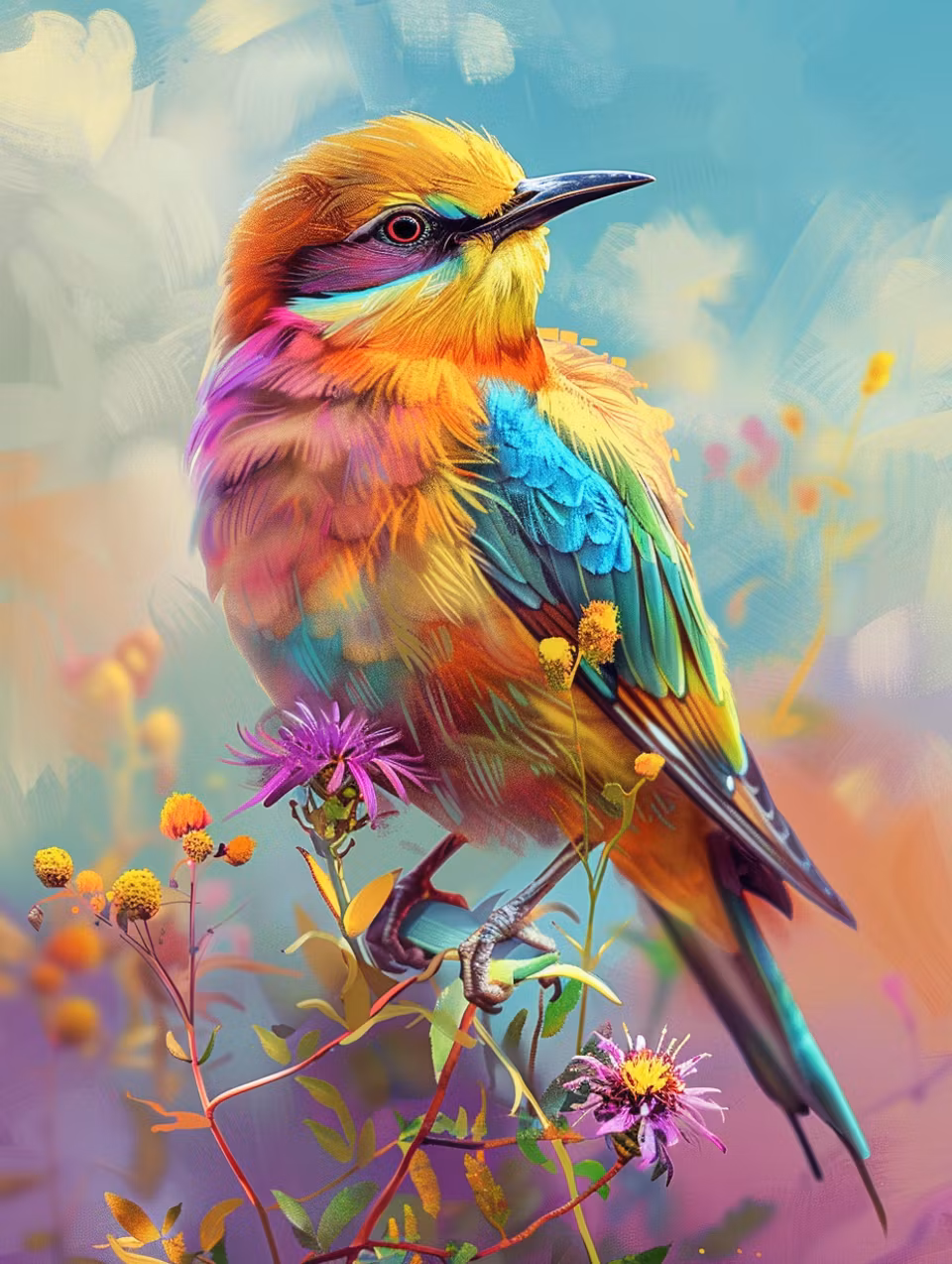 diamond painting, färgrik fågel, blommor i olika färger