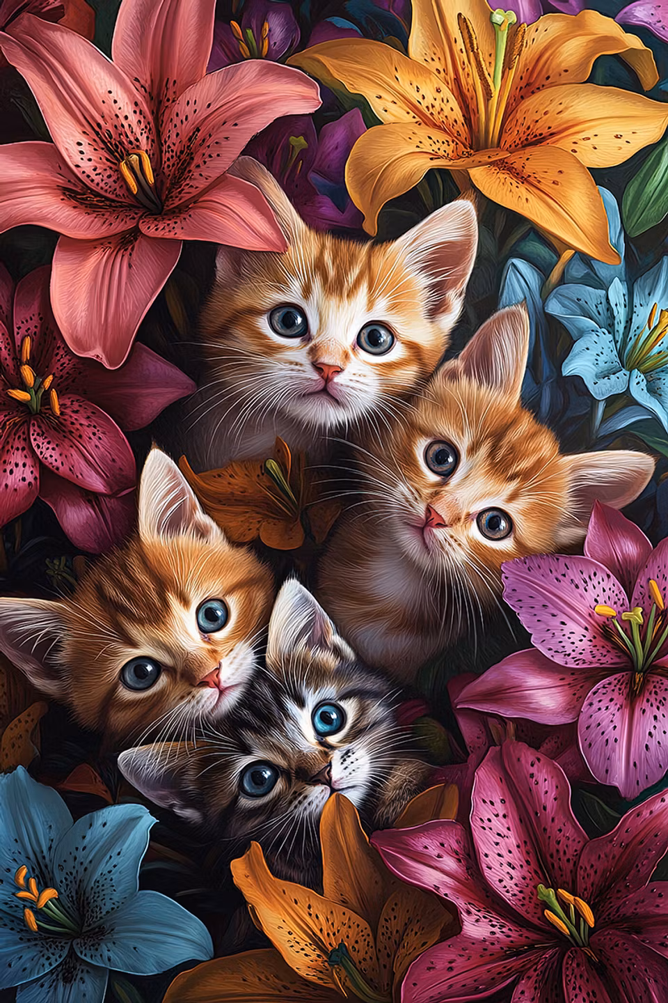 diamond painting, katter och blommor
