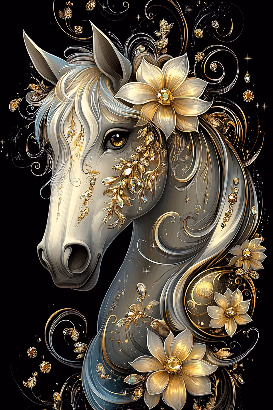 diamond painting, blombeklädd häst