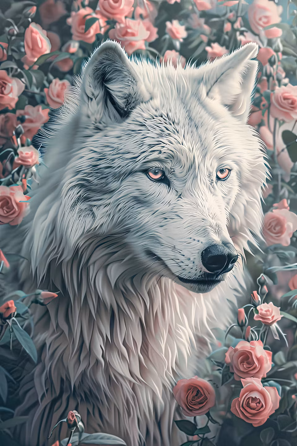 diamond painting, vit varg, rosa blommor