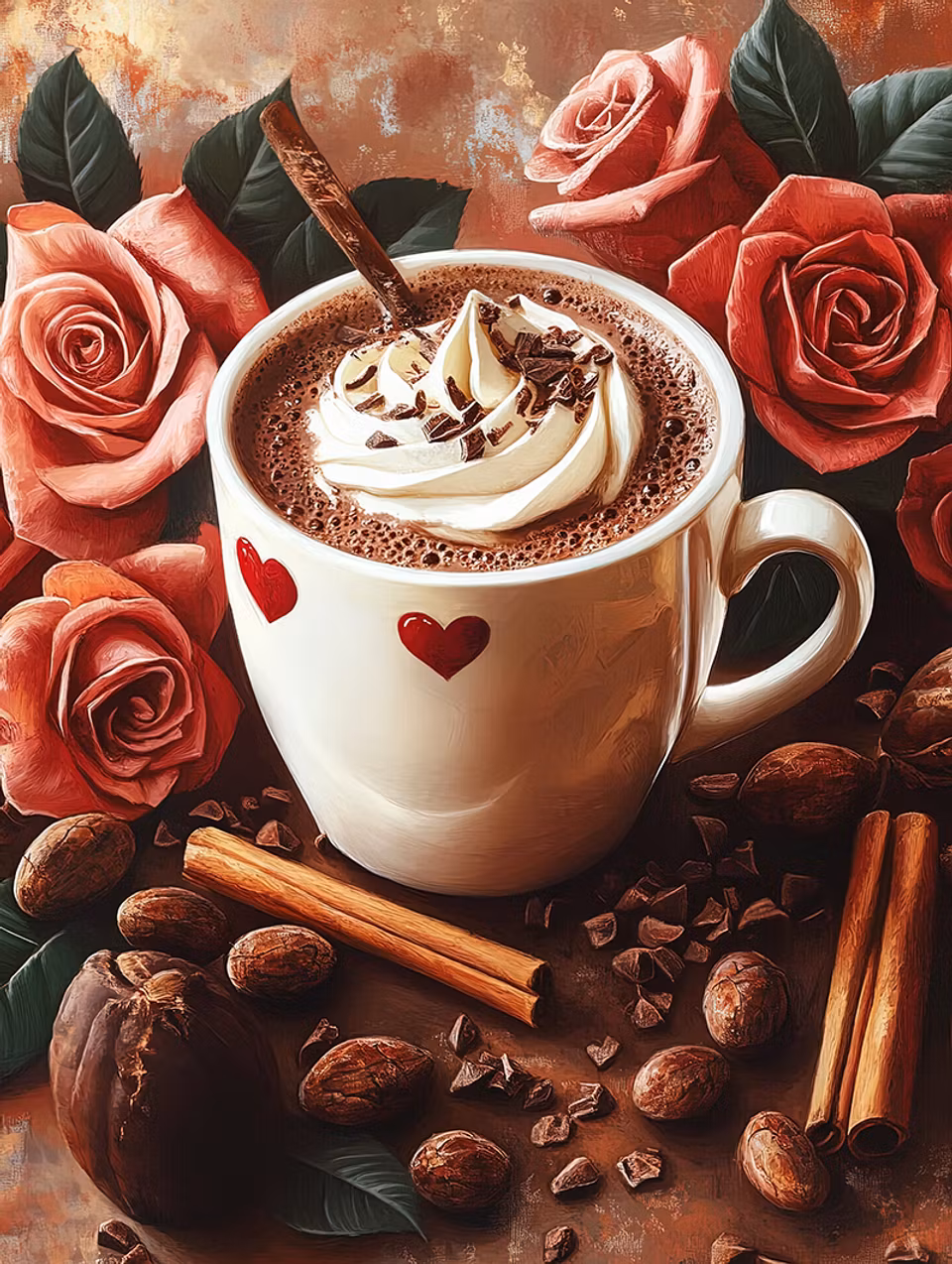 diamond painting, kaffekopp med kanel, rosor