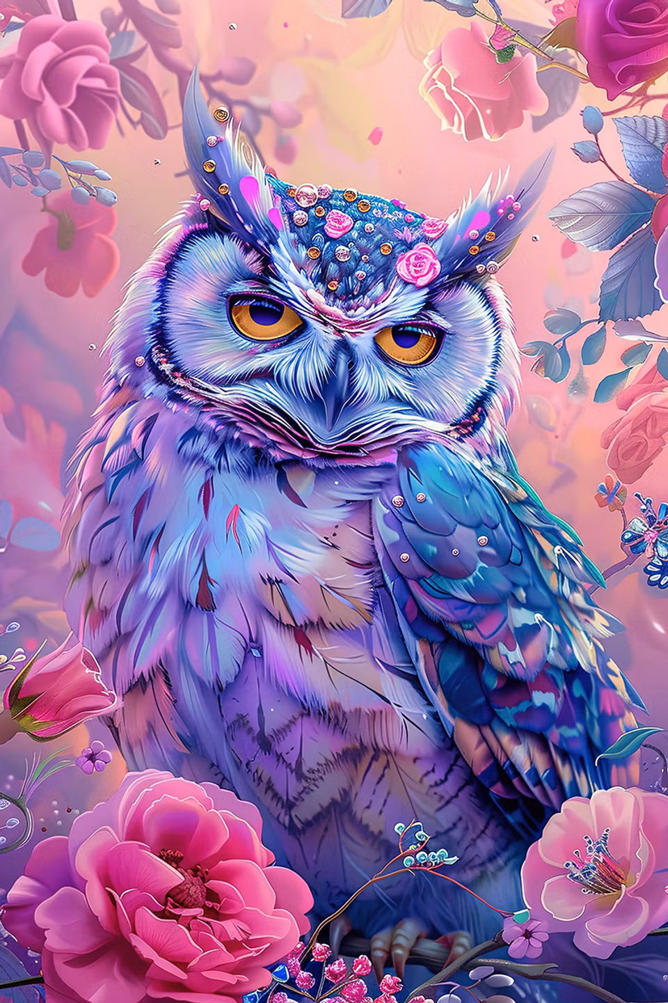 diamond painting, uggla bland blommor i rosa och lila toner