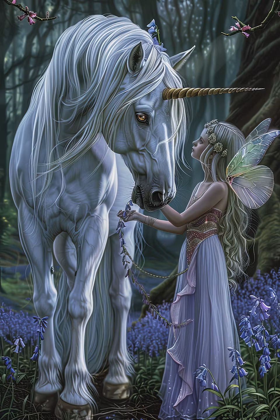 diamond painting, älva och unicorn ute i skogen